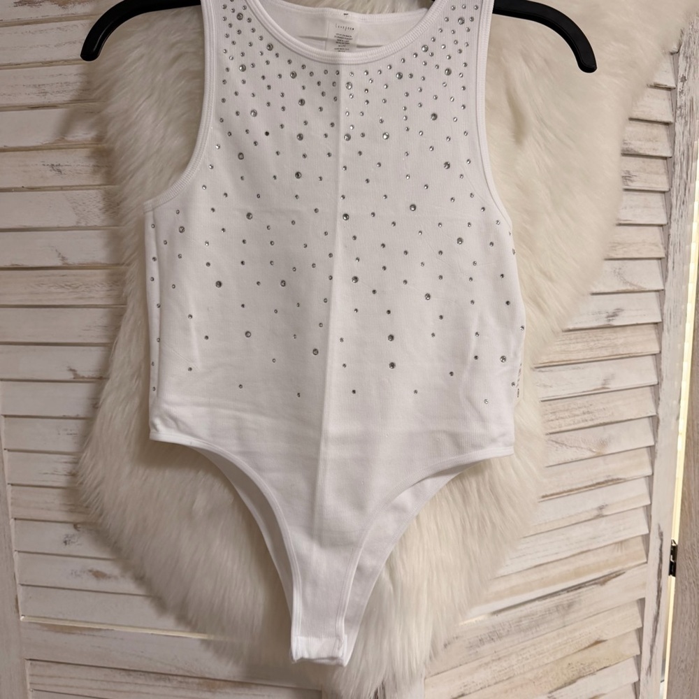 Rhinestone Embellished White Bodysuit Sleeveless Tank